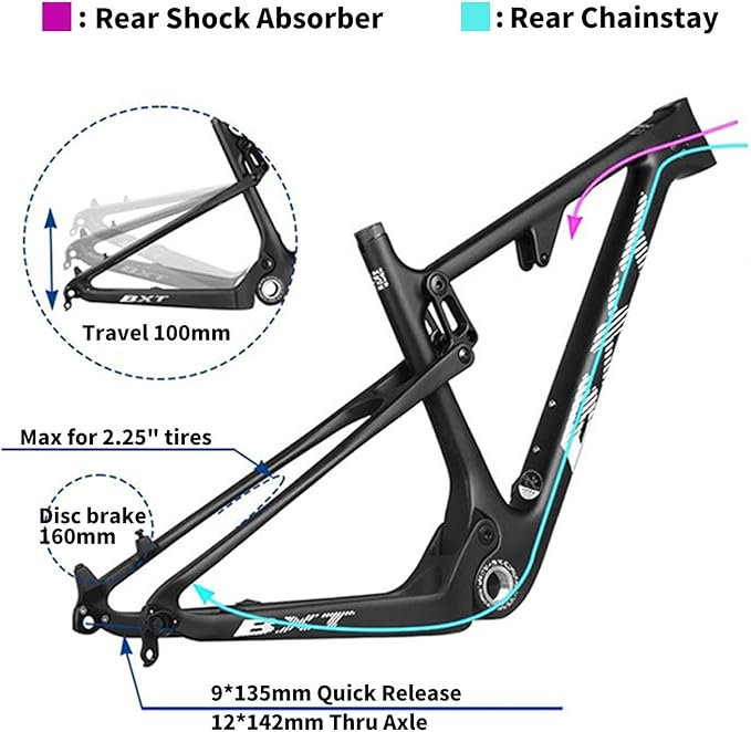 29er Carbon Fibre Mountain Bike Frame 16/17/18.5/20inch Full Suspension Frame 100mm Travel XC Soft Tail Trail Racing Bike Frame 12 * 142mm Thru-Axle/9 * 135mm QR Disc Brake(Cyan,29 * 20")