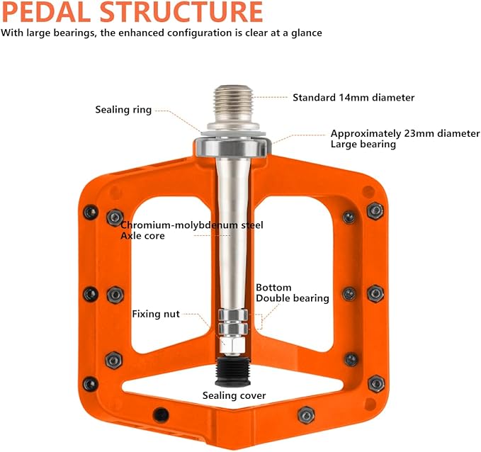 Enlarge Bike Pedals - Nylon Bicycle Pedals, Road Bike Pedals, Mountain Bike Pedal with Removable Anti-Skid Nails - 5.12 * 4.45inch