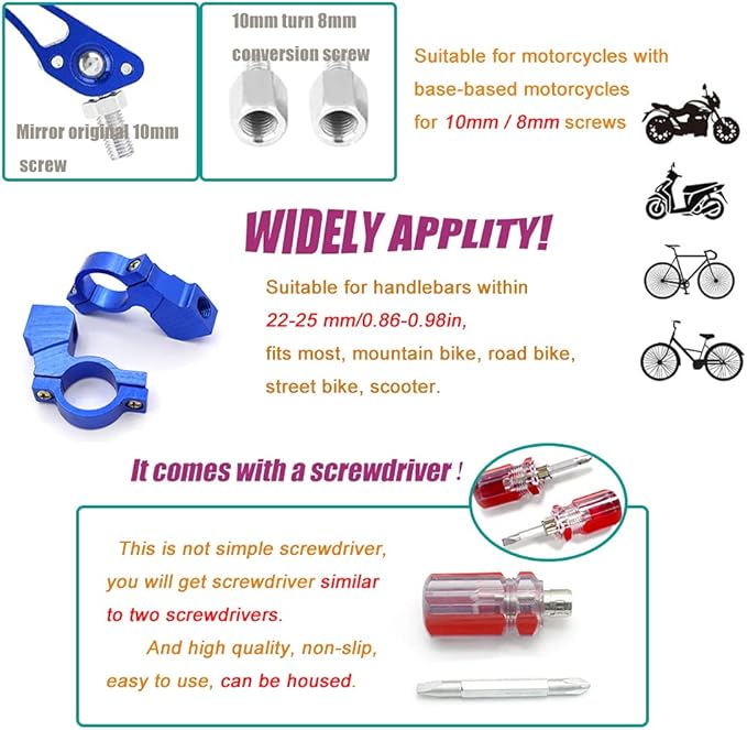 Adjustable Bike Mirrors - Handlebar Rearview Mirror for Electric Bike, Blue