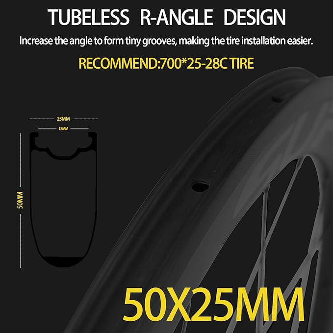 Superteam Carbon Wheelset 700c Rim V Brake 50mm Depth 25mm Width Road Bike Wheels Matte Finish, Tubeless Ready Support for 8-12 Speed Clincher & Tubeless