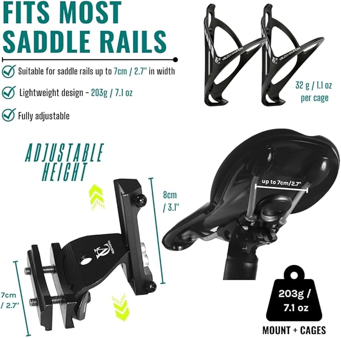 VeloChampion Bike Dual Bottle Cage Holder | Carry 2 Bottles up to 750ml | Ideal for Triathlon & Road Cycling | Suitable for Saddle Rails 50-70mm (Premium)