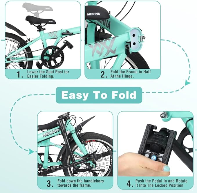 20 Inch Folding Bike for Adults, 6-Speed Steel Frame City Commuter Bicycle with Basket, Phone Holder, Fenders and Dual V-Brake, Portable Compact Foldable Cycle for Men and Women