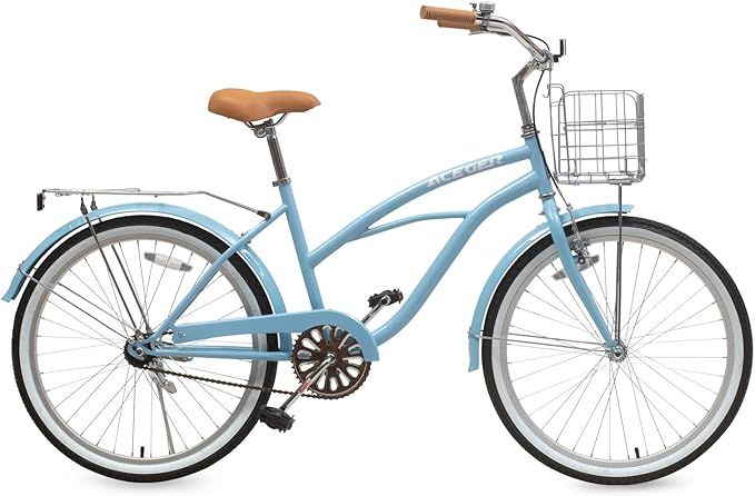 ACEGER 24 26 Inch Women Beach Cruiser Bike, Single Speed and 7 Speed, Adult Hybrid Bike Commuter Bicycle, Hi-Ten Steel Frame with Adjustable Handlebar and Saddle, Multiple Colors