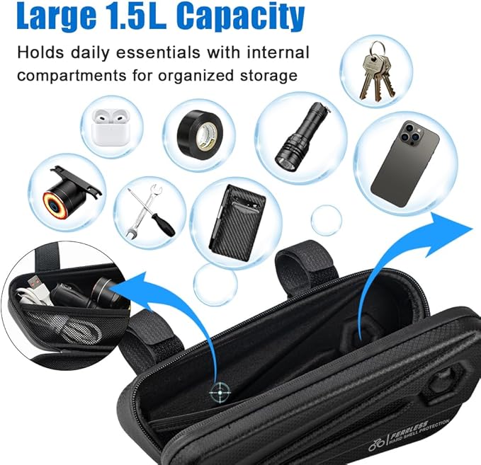 Bike Frame Bag 1.5L, EVA Hard Shell Bicycle Triangle Bag with Carbon Texture, Top Tube Cycling Storage Pouch with Reflective Logo and Side Zipper for MTB Road Bike