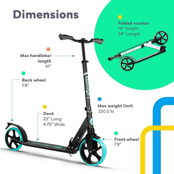 LaScoota Kick Scooter for Kids Ages 6+, Teens & Adults, Large 8" Sturdy Urethane Wheels. Adjustable Handlebar, Lightweight, Foldable, 220lbs Max Load