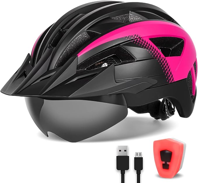 Adult Bike Helmet with Visor and Goggles for Men Women Mountain Road Bicycle Helmet Rechargeable Rear Light Cycling Helmet