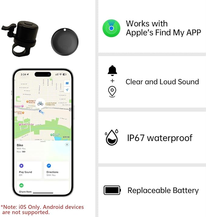Bike Bell Classic Bicycle Bell Mountain, Bicycle Bells with Locator for iOS Divice, Bike Bells for Adults with Loud Sound Bicycle Sturdy Bell Fits 0.83'' - 1'' Handlebar for Mountain Road Bikes