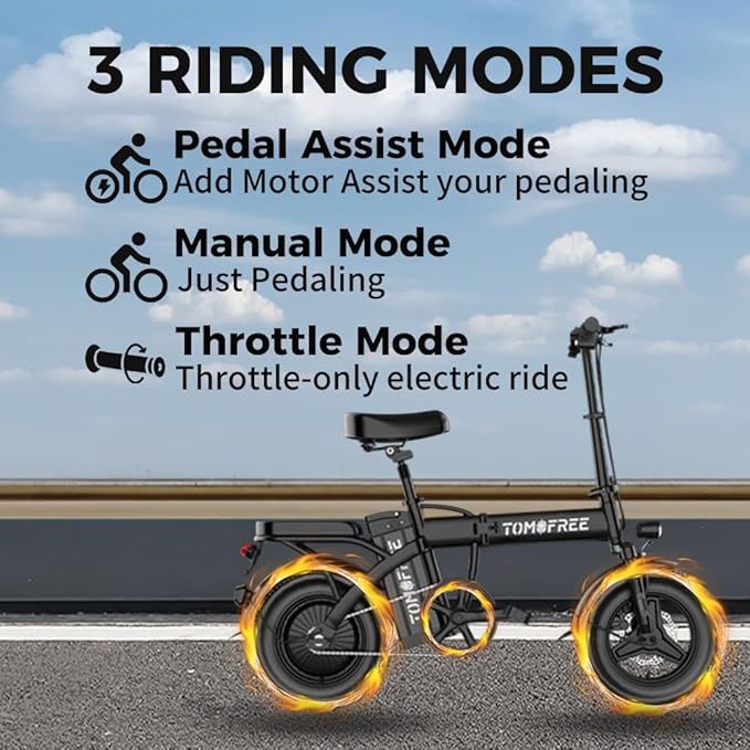 Tomofree 750W Folding Electric Bike, 48V 20AH Removable Battery, 20-25MPH, 14''x 2.1'' Tire, 25-35miles PAS, Front/Full Suspension, 200lbs Load Ebike for Adult, Adult Electric Bicycles for Commute