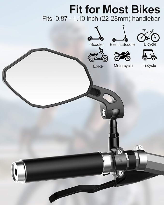 Adjustable Handlebar Bike Mirror- Anti-Slip Pads & Installation Wrench, 360° Rotatable HD Shatterproof Glass Electric Bike Mirrors, Fit for Mountain/E-Bikes/Road Bikes (1 Pair)