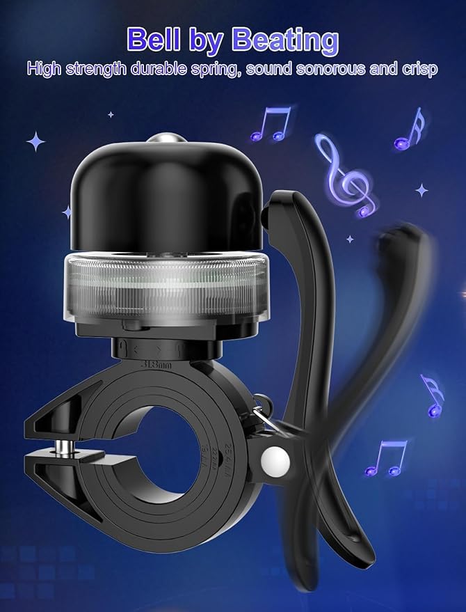 Bike Bell for Kids & Adults, Light up Bike Accessories Adjustable with Ferrules Fit for 0.74-1.25in(19-31.8mm) Bicycle Handlebars, Aluminum Made & Crisp Sound for Mountain Dirt Road Bike Ebike