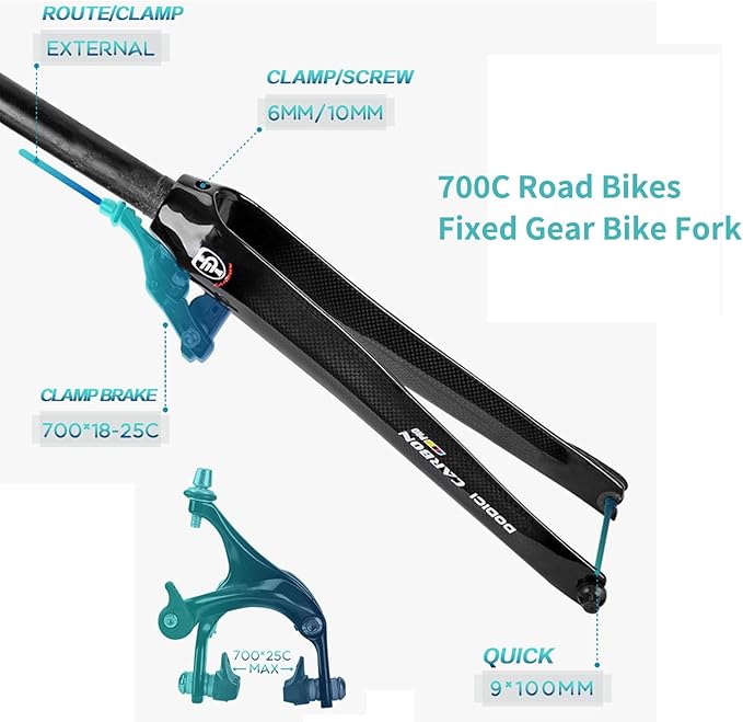 Fixed Gear Bike Front Forks 1-1/8" Straight Tube 700C Road Bikes Rigid Fork Full Carbon Fiber C Brake Forks 9 * 100mm Quick Release