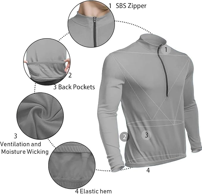 Spotti Men's Cycling Bike Jersey Long Sleeve with 3 Rear Pockets - Moisture Wicking, Breathable, Quick Dry Biking Shirt