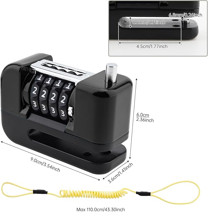 Windance Motorcycle Disc Brake Lock with Reminder Cable, Anti Theft Combination Wheel Lock,Waterproof Aluminum Alloy Keyless Password Security for Motorcycle Scooter Dirt Pit Bike E-Bike (Black)