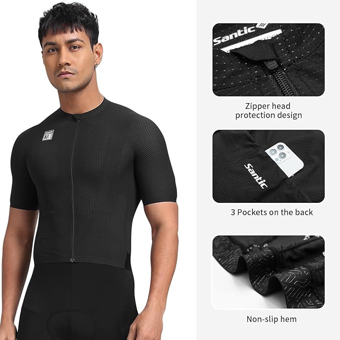 Santic Men's Cycling Jersey Short Sleeve Tops Pro Road Bike Shirt Full Zipper UPF 50+ Bicycle Jersey with Pockets