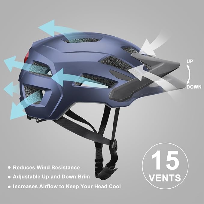 Bike Helmet, Helmets for Adults Men, Front and Back LED Lights Safe Certified MTB Road Bicycle Helmet with Adjustable Brim