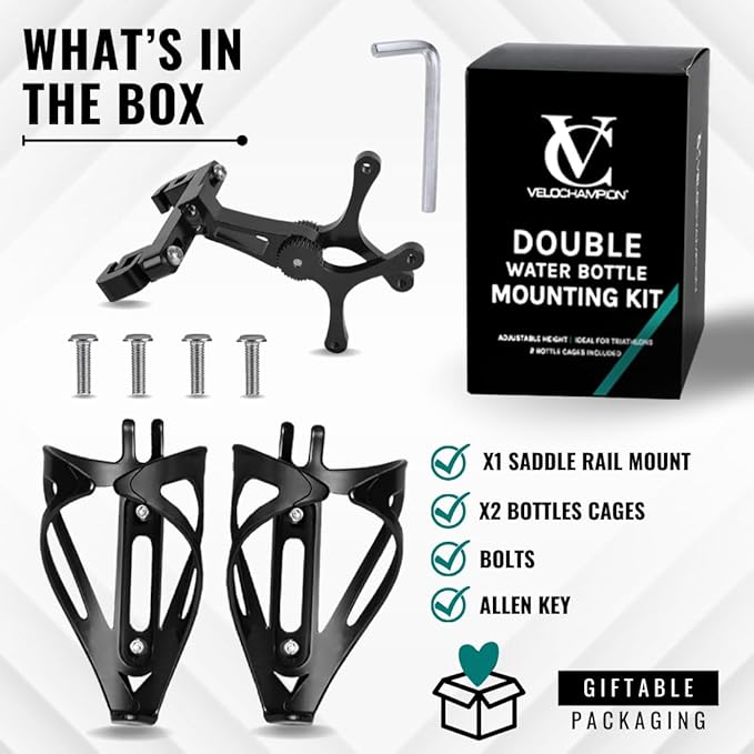 VeloChampion Double Water Bottle Cage Mount Holder. for Cycling Triathlon or Time Trial Bikes. Alloy Black