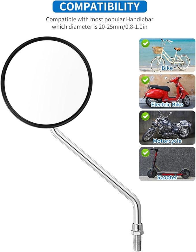 Bike Handlebar Rearview Mirror, Universal Adjustable Rotatable Clear Mirror for Mountain Road Bike Bicycle ebike Motorcycle Scooter Right Left Available with Bolt 10mm (2 Pcs)