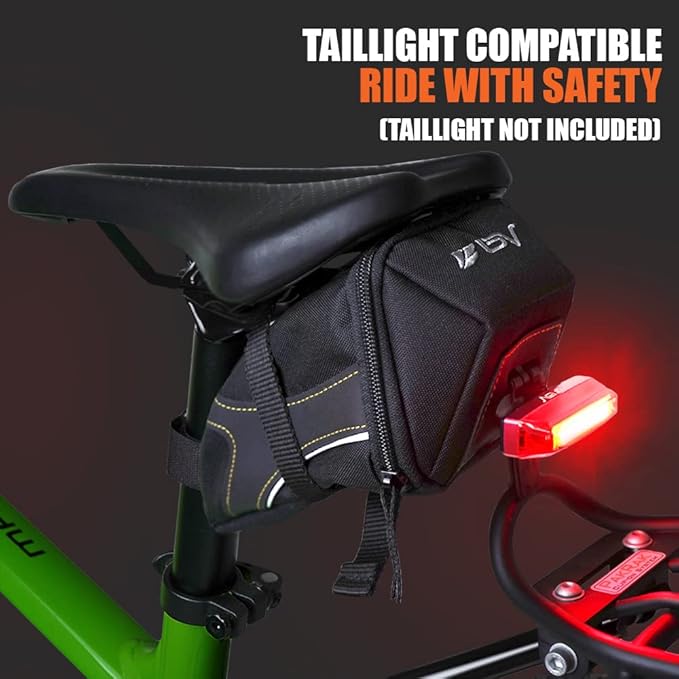 BV Strap-On Bike Bag with Reflective Material - Saddle Bag with Seperate Divider for Small Items for All Your Essentials - Bike Pouch with Taillight Hanger for Maximum Safety