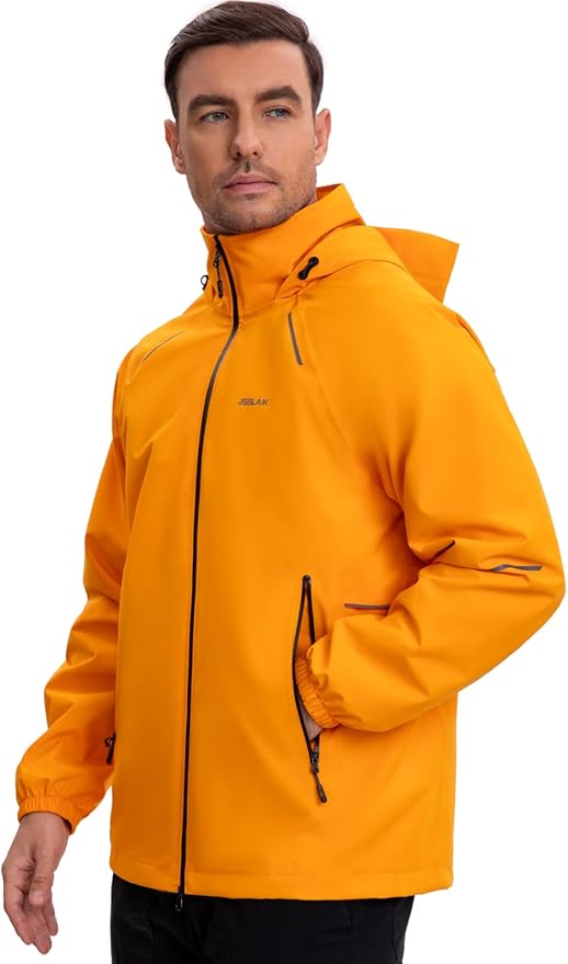 Men's Rain Jacket Waterproof Windproof Breathable for Hiking Cycling Commuting with Hood & Pockets