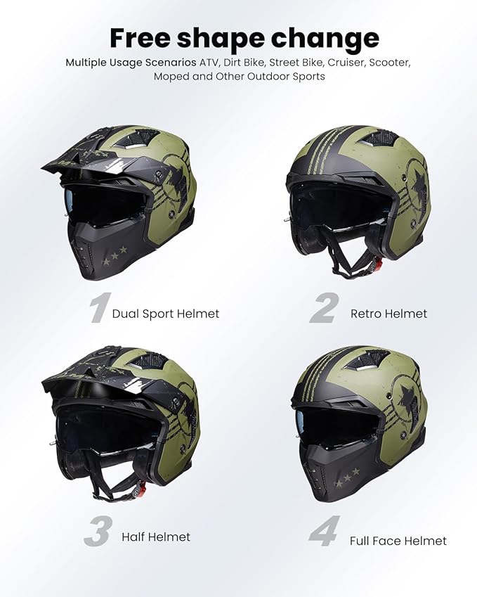 ILM Open Face Motorcycle 3/4 Half Helmet for Men and Women, Vintage Retro Helmet with Visor for Moped ATV Cruiser Scooter DOT Model Z302(Army Green,X-Large)