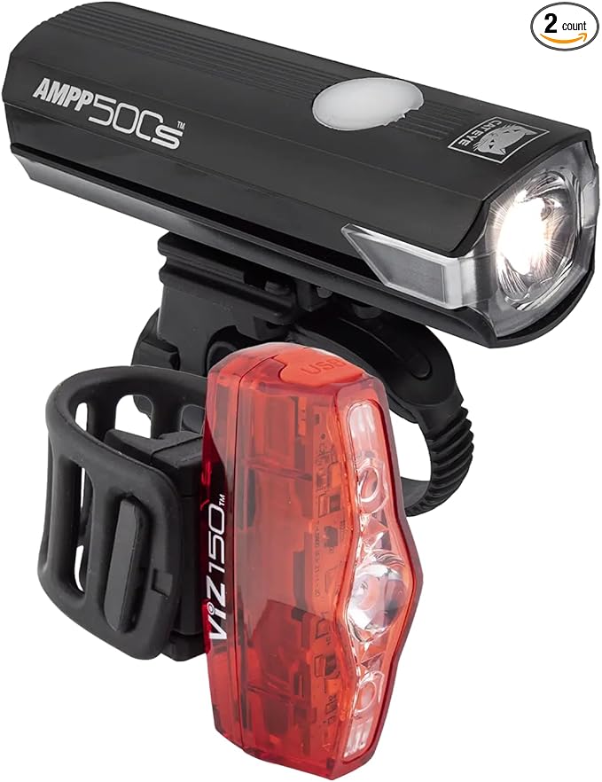 CATEYE AMPP & ViZ USB Rechargeable Bike Light Combo Kit – IPX4 Waterproof High Lumen AMPP Opticube™ LED Headlight & ViZ USB Daytime Safety Light, Visible up to 1 Mile, Fits Road, MTB, Gravel Bikes