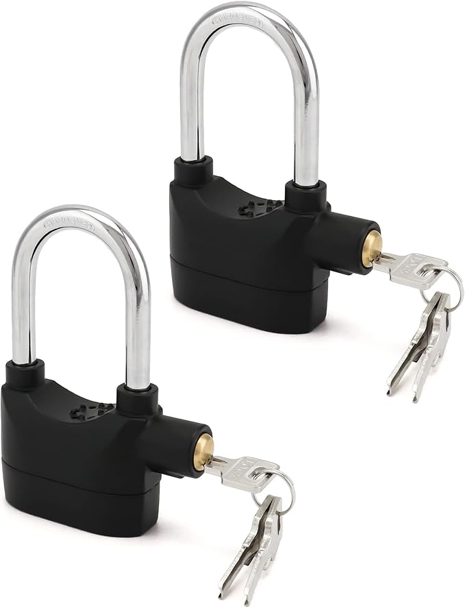 QWORK Alarm Lock, 110 dB Anti-Theft Security Padlock, 2 Pack Door Motorcycle Bicycle Padlock, Universal Security Siren Alarm Lock with 3 Keys (Black)