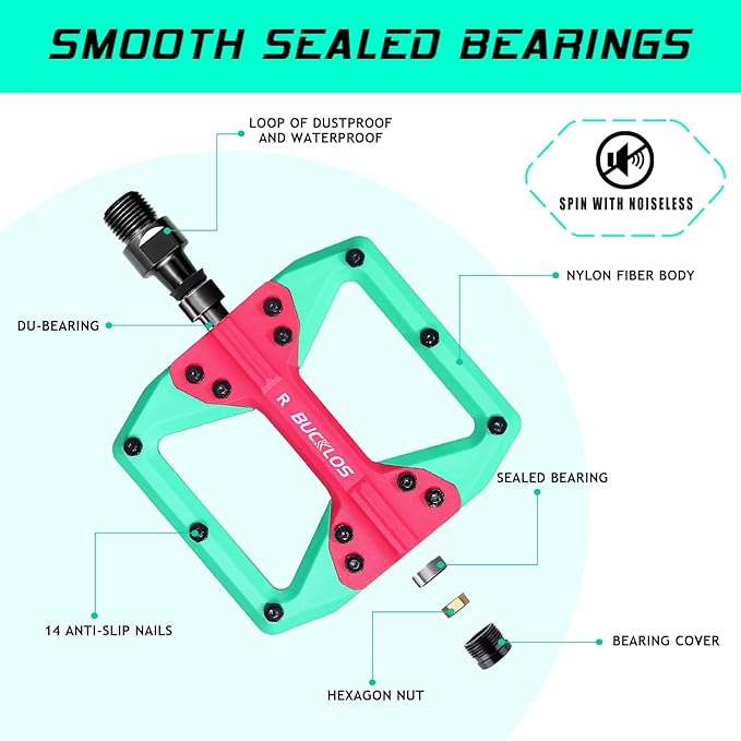 BUCKLOS MTB Flat Pedals Mountain Bike Pedals, 3 Bearings CNC Adult Road Bike Pedals, Bicycle Platform Aluminum Alloy Non-Slip Pedal for Gravel Bike/BMX 9/16"(Black)