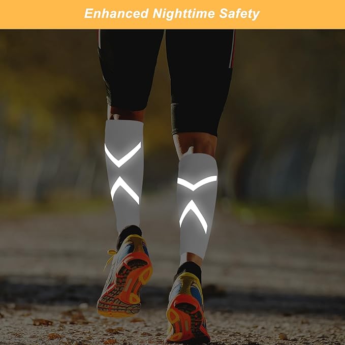 Calf Compression Sleeve for Men & Women, Reflective Footless Socks for Shin Splint Relief & Night Running, Cycling