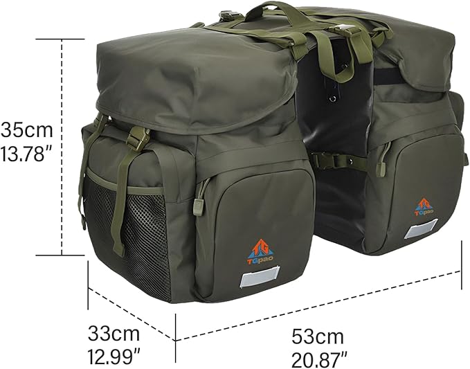 Large Saddle Bags for bike,Waterproof 50L Panier bag for Bicycles/MTB/E-Bike,Bike Trunk Bag With Reflective Stripes (Army green,50L)