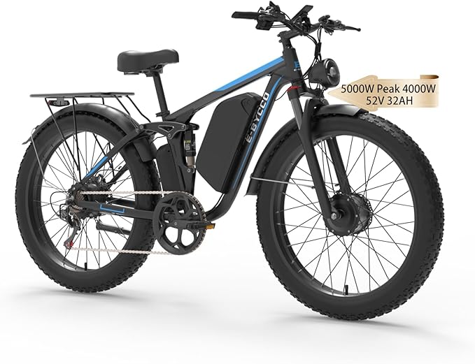 Electric Bike, Max 40-45MPH & 100 Miles, 5000W Peak Dual Motor Adult E-Bike, 52V 32Ah Battery Ebike, 24'' 26" Hydraulic Disc Brakes, Fat Tire All-Terrain Hunting Electric Bike, Full Suspension