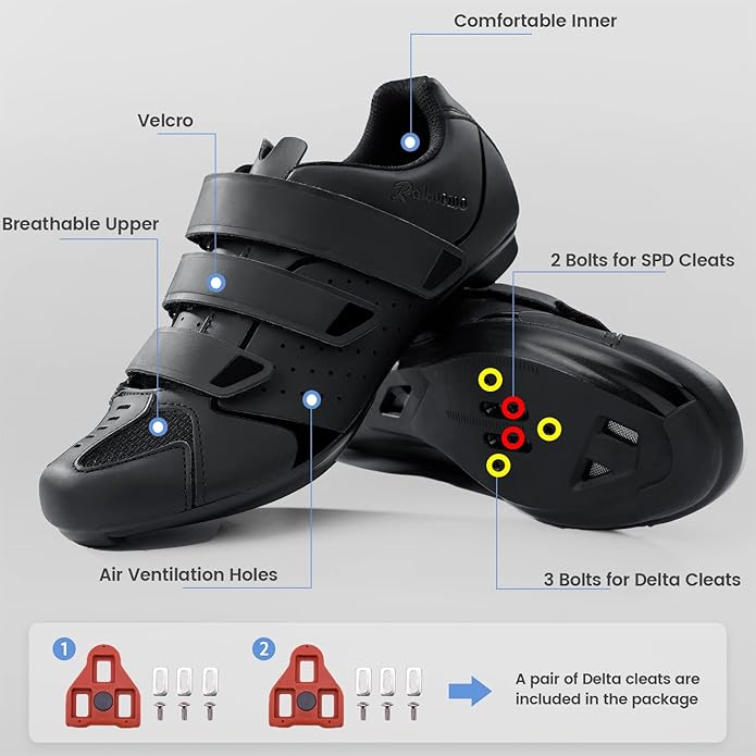 Men's Cycling Shoes – 2 & 3 Bolt Look Delta Cleat Spin Bike Shoes - Compatible with SPD Clips – Perfect for Indoor & Outdoor Road Cycling