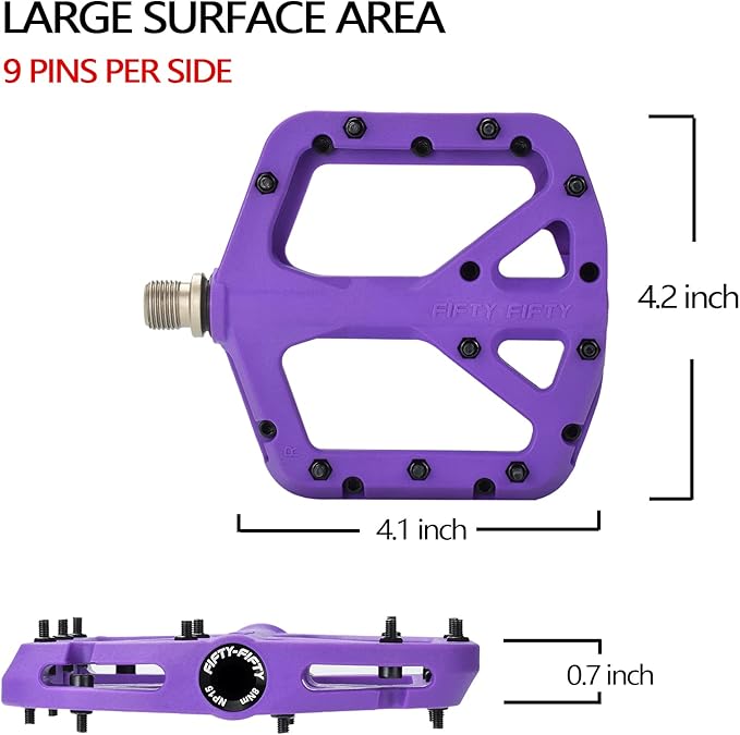 FIFTY-FIFTY Mountain Bike Pedals, Non-Slip MTB Nylon Composite, 9/16" Bicycle Pedals, Lightweight and Wide Flat Platform