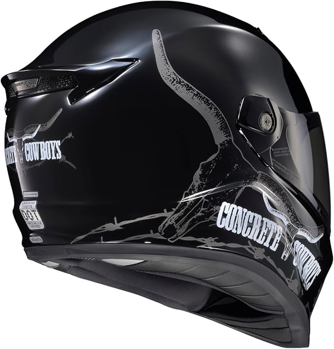 ScorpionEXO Covert FX Full Face Adult Motorcycle Helmet Street Fighter Style - Bluetooth Ready Speaker Pockets DOT ECE Concrete Cowboys (Gloss Black - 2X-Large)
