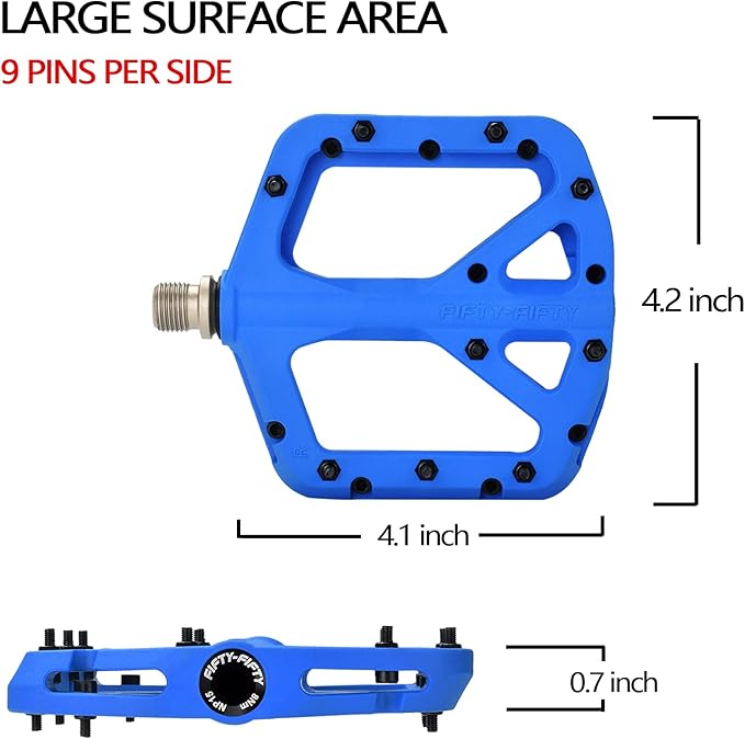 FIFTY-FIFTY Mountain Bike Pedals, Non-Slip MTB Nylon Composite, 9/16" Bicycle Pedals, Lightweight and Wide Flat Platform