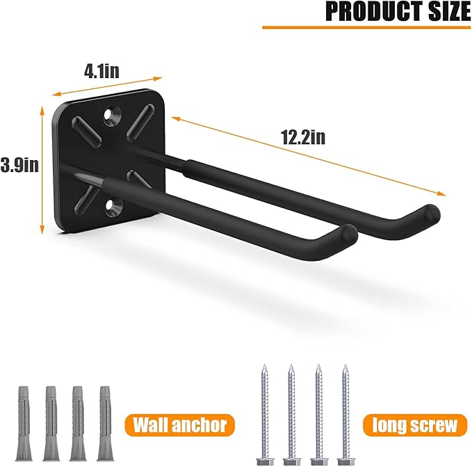 Garage Hooks, Heavy Duty Garage Hooks -12.4 Inch Wall Mount Hangers for Chairs, Power Tools, Garden Tools, Tires & More - Max 120 lbs (4-Pack)