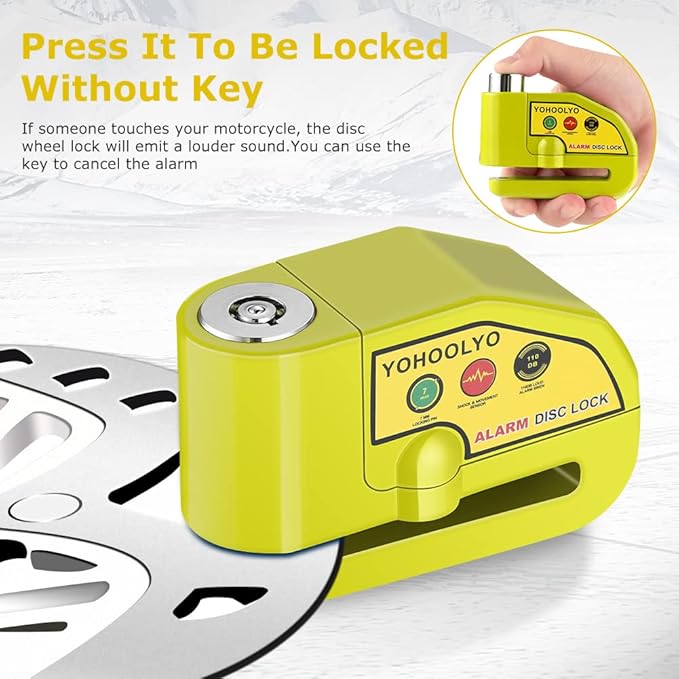 YOHOOLYO Alarm Disc Lock Motorcycle Disc Brake Lock Anti-Theft Waterproof 110 dB 7mm Pin 5ft Reminder Cable for Motorcycles Bike Scooter Carry Pouch