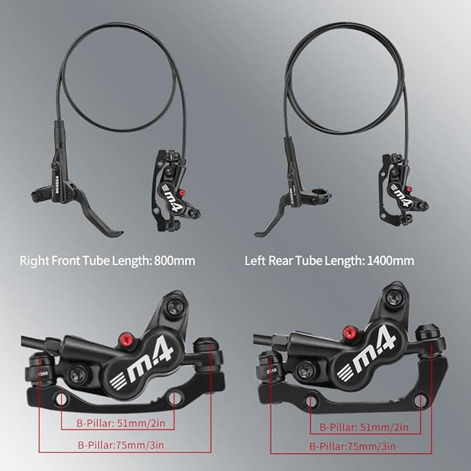 MEROCA M4 4-Piston Mountain Bike Hydraulic Disc Brakes Hydraulic Bike Brakes Front 800mm and Rear 1400mm with PM Adapter for 160mm Rotor