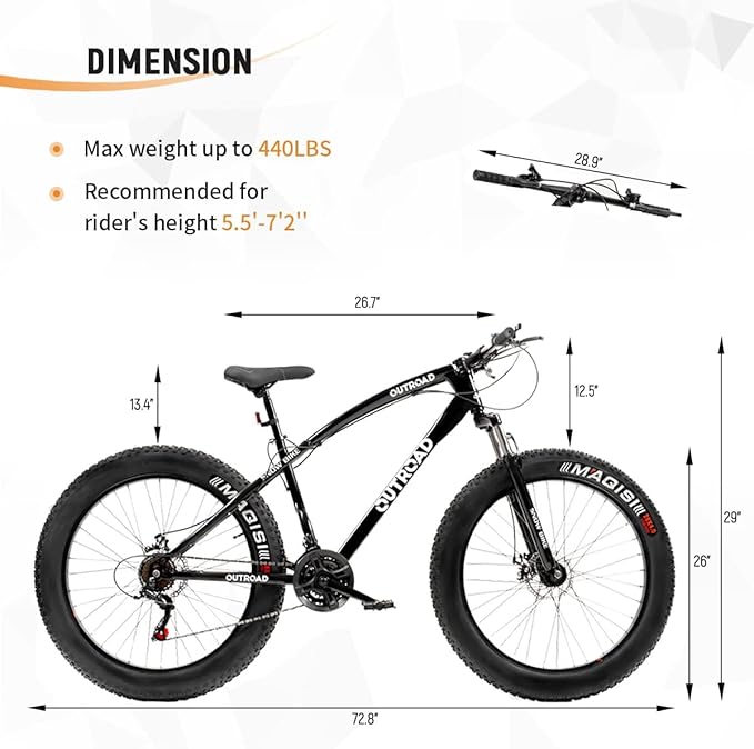 Outroad Fat Tire Mountain Bike with 26 inch Wheels, 21 Speed with High Carbon Steel Frame, Double Disc Brake and Front Suspension Anti-Slip Bikes