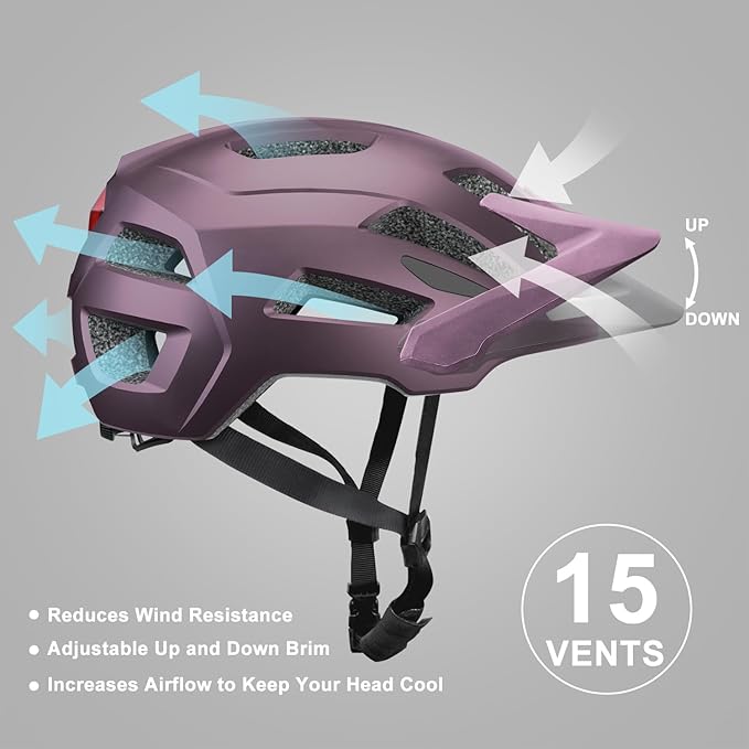 Bike Helmet, Helmets for Adults Men, Front and Back LED Lights Safe Certified MTB Road Bicycle Helmet with Adjustable Brim