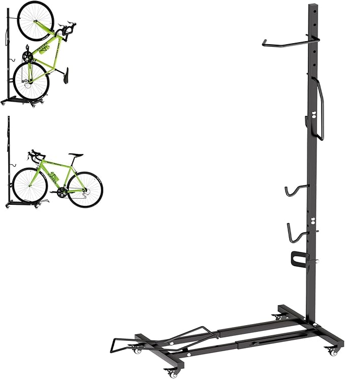 Vertical Bike Stand with Wheels, Space-Saving Freestanding Bike Rack, 360° Moveable Adjustable Height Indoor Bike Storage for Garage & Apartment, Floor Bike Parking Holder for Bikes up to 22”-29”