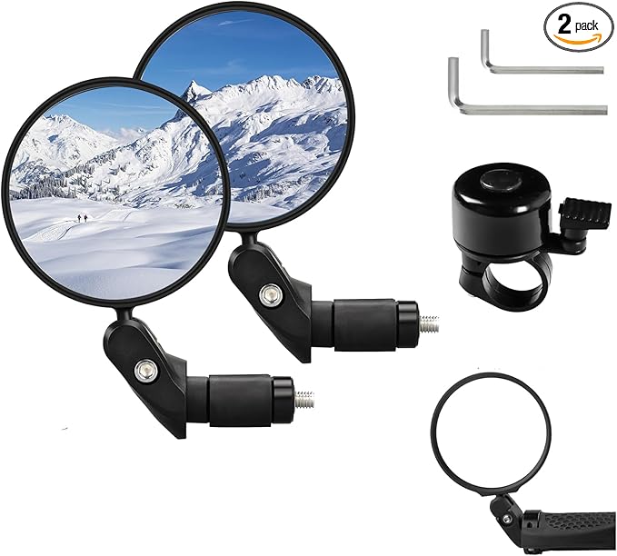 2 Pair Bike Mirror With Bike Bell 360° Adjustable HD Convex Bike Mirror Handlebar For Mount Mountain Road Bikes Motorcycle (2*Small Mirror + 1*Bell)