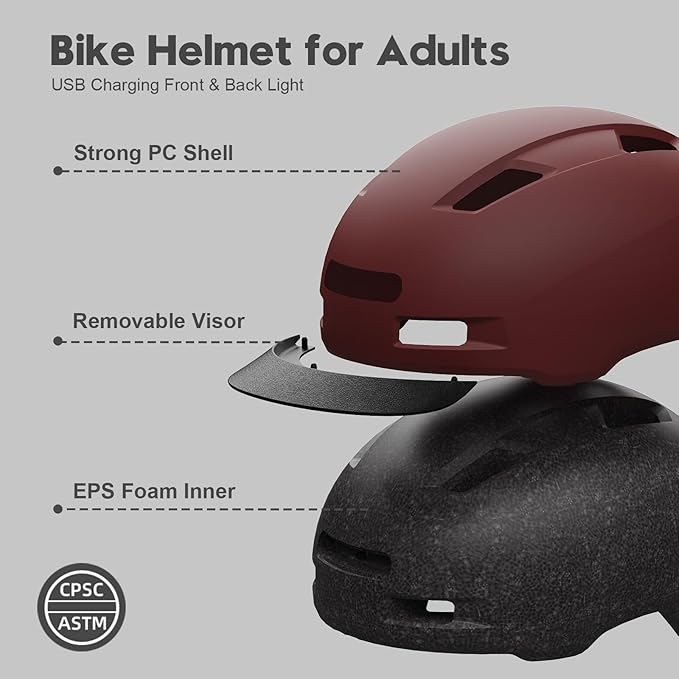 Bike Helmet, Shinmax Adult Cycling Helmet with USB Rechargeable LED Front and Back Light Bicycle Helmets for Men Women
