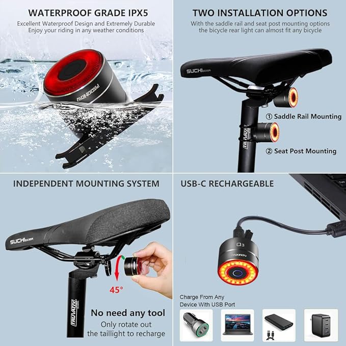 Smart Bike Tail Light: Auto On/Off Rear Bicycle Flashlight Ultra Bright Back Brake Light High Lumen Daytime Strobe USB Rechargeable Safety Red Led Taillight Waterproof Road Cycling Lights