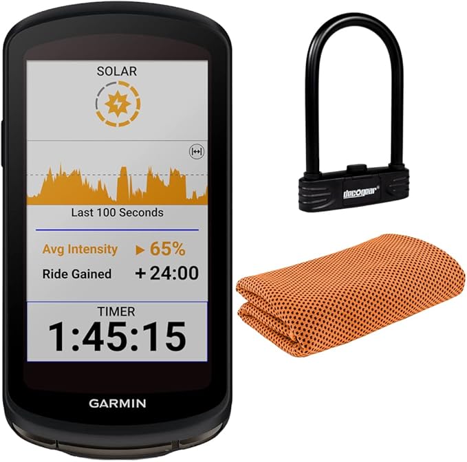 Garmin 010-02503-20 Edge 1040 Solar GPS Cycling Bike Computer | Official USA Partner Model | Bundle with Deco Gear Heavy Duty Combination U-Lock + Workout Cooling Sport Towel