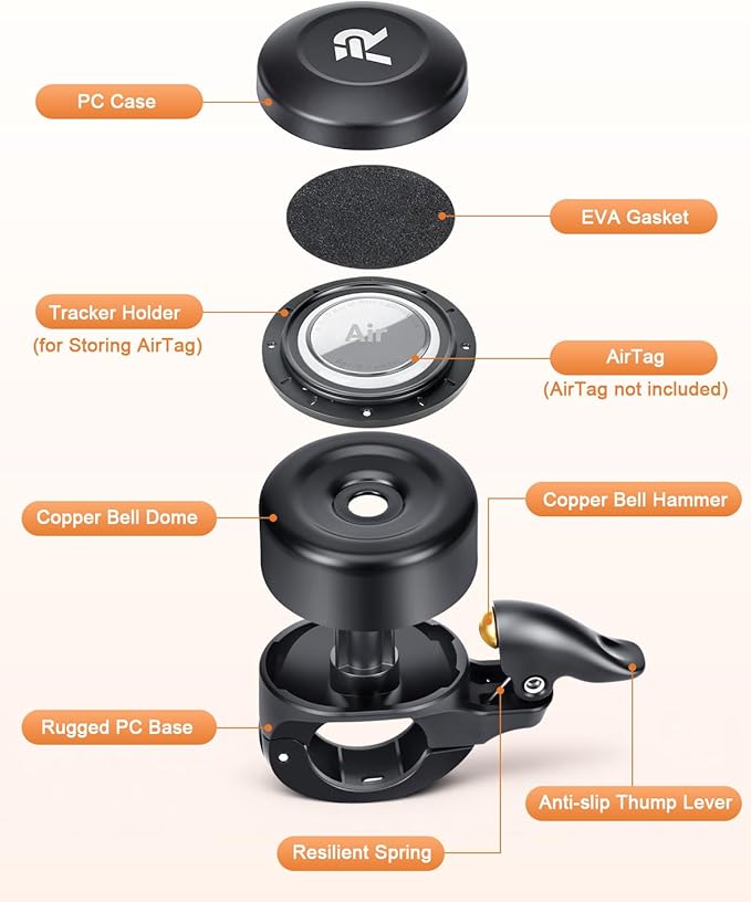 YBLNTEK Bike Bell for Apple AirTag, Copper Bicycle Bell Hidden AirTag Bike Mount GPS Tracker Case Waterproof for Adults Kids Bikes 0.87inch/22.2mm Handlebar, Anti-Theft,120dB Loud