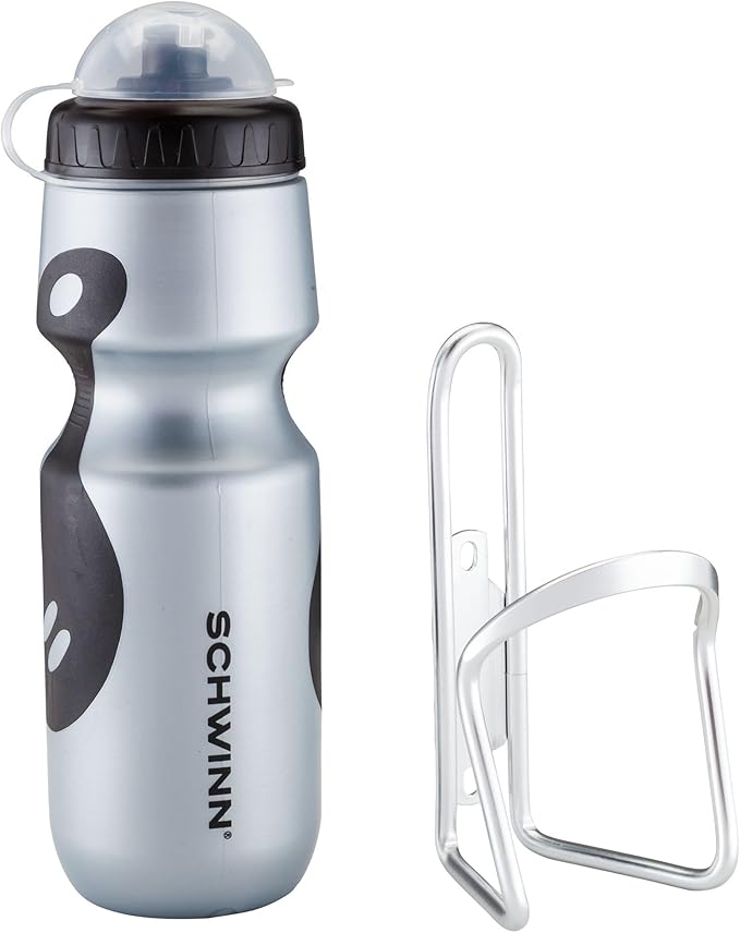 Schwinn Sport Water Bottle with Holder for Bicycle, 23 oz, BPA-Free, No-Slip Grip, Dust Cap Lid, Cage Easily Mounts to Bike, Bike Water Bottle Holder Combo