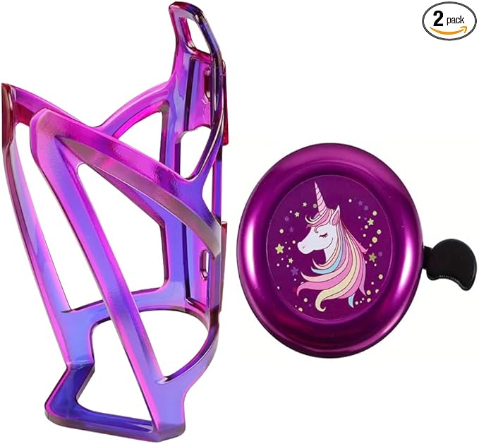 Bike Bell and Water Bottle Holder Set, Purple Bicycle Accessories with T-Rex Design, Decorative Handlebar Mount (Purple)