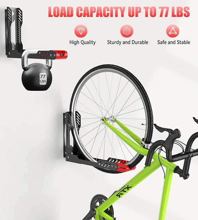 Swivel Bike Wall Mount 2 Pack Bike Rack for Garage, No Heavy Lifting Required Wall Bike Hangers Can Holds up to 77 lbs (Black & Red)