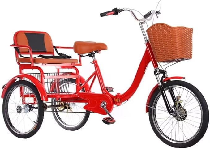 20 inch Folding Tricycle, Outdoor Cruiser Bikes with Passenger seat, 3 Wheel Bike, Large Pedal Tricycles with Inflatable Wheel, Tandem Bicycle, Ride-on trikes for s,Red 20inch