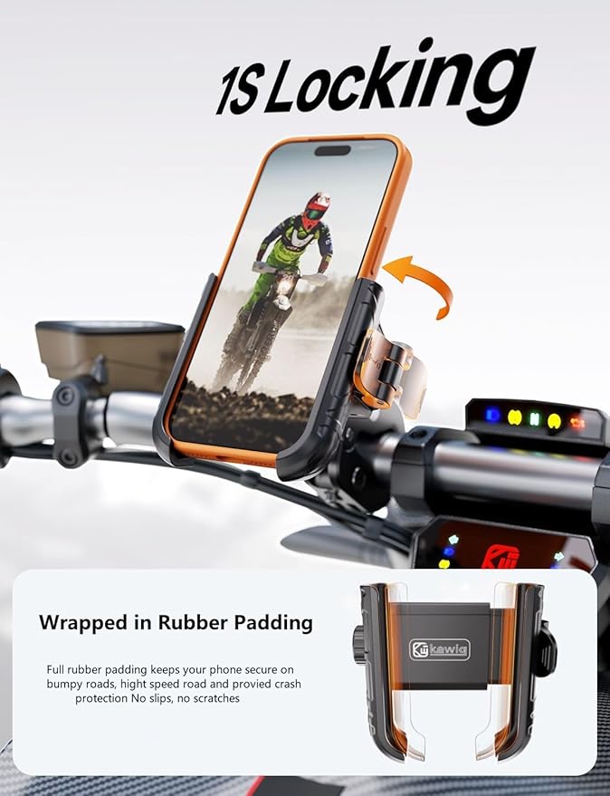 Kewig Bike Phone Holder - [Camera Friendly] [1-Second Lock & Release] Bike Cell Phone Mount Clamp, Motorcycle Bicycle Scooters Handlebar Cell Phone Mount Clip Fits 5.4-7.2" Smartphones